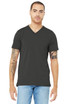 A unisex black short sleeve v-neck t-shirt displayed on a model with tattoos, featuring a logo.