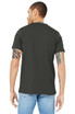 A unisex jersey short sleeve v-neck tee in dark green, featuring a logo on the back.