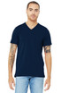 A model wearing a navy unisex V-neck tee with short sleeves and tattoos on his arms, against a plain background.