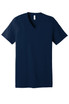 A navy blue unisex jersey short sleeve V-neck tee, featuring a label and a logo.
