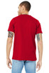A red unisex jersey short sleeve v-neck tee viewed from the back, featuring a logo.