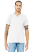 A light grey unisex jersey short sleeve v-neck tee worn by a model, displaying a simple design and a logo.
