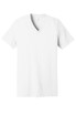 A white unisex jersey short sleeve V-neck tee. The shirt features simple design and has a logo on it.
