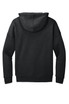 A unisex hoodie in dark charcoal with a spacious hood and long sleeves. It features a logo on the back.