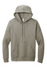 A unisex hoodie in a soft grey tone featuring a front pocket and a drawstring hood, with a logo on the label.