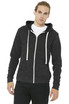 A unisex triblend sponge fleece full-zip hoodie in dark grey, featuring a hood and a logo.