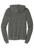 A grey unisex triblend sponge fleece full-zip hoodie with a hood and long sleeves, featuring a brand logo.