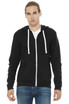 A black unisex triblend sponge fleece full-zip hoodie with a front pocket and a logo.