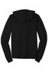 A black unisex triblend sponge fleece full-zip hoodie with a hood and long sleeves, featuring a logo.