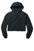 A cropped fleece hoodie in dark grey featuring a hood and drawstring. It has a minimalist design and includes branding.