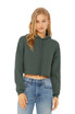 A cropped fleece hoodie in deep green, featuring a drawstring hood and long sleeves, paired with light blue jeans.