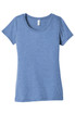 A blue women's triblend short sleeve tee with a round neckline, featuring a branding logo.