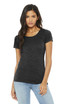 A black women's triblend short sleeve tee displayed on a model, featuring a round neckline and a fitted silhouette.