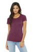 A woman wearing a short sleeve, women's triblend tee in a rich burgundy colour, paired with light blue jeans.