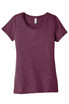 A women's triblend short sleeve tee in a deep burgundy colour. It features a round neck and a logo.