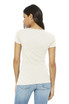 A woman models a light beige women's triblend short sleeve tee from the back, paired with blue jeans.