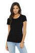 A woman poses in a black short sleeve tee made from a soft triblend fabric, styled with light blue jeans.