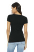 A woman wearing a black short sleeve t-shirt, photographed from the back, paired with blue jeans. The shirt features a logo.