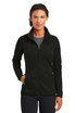 A black women's jacket with a zip front and a standing collar, featuring a logo on the side.
