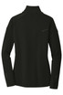 A black jacket with a high collar and long sleeves, featuring a logo on the back.