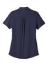 A navy blue polo shirt with a pleat detail at the back and short sleeves, featuring a subtle logo.