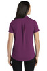 A purple ladies' polo shirt featuring short sleeves and a back pleat, with a logo on the fabric.