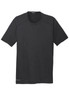 A black crew neck t-shirt made from breathable fabric, featuring a logo on the front.