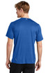 A blue T-shirt with a crew neck and short sleeves, featuring a logo on the back.