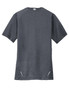 A grey crew t-shirt with short sleeves, featuring a logo and decorative detailing near the hem.