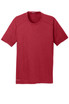A red crew-neck T-shirt made of fabric with a subtle texture, featuring a logo on the bottom.