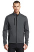 A grey soft shell jacket with a full zipper and two side pockets, featuring a branding logo.