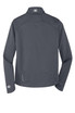 A soft shell jacket in dark grey with a logo. Features a high collar and fitted design.