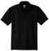 A black polo shirt with a collar and short sleeves, featuring a logo on the chest area.
