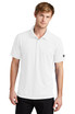 A white OGIO Caliber 2.0 polo shirt on a mannequin, featuring a logo on the sleeve.