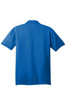 A blue polo shirt with a collar and short sleeves, featuring a logo on the back.