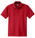 A red polo shirt featuring short sleeves and a collar, with a logo on the sleeve.