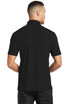 A black polo shirt with a collar, featuring short sleeves and a logo on the back.