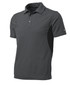 A short-sleeved, charcoal grey polo shirt featuring a collar and a logo on the sleeve.