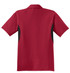 A red polo shirt featuring black accents and a logo on the back. Short sleeves and a classic collar design.