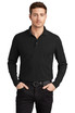 A black long sleeve shirt with a collar, featuring a logo, worn by a model with cropped hair and a belt.
