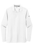 A long sleeve, white polo shirt with a logo on the sleeve. Suitable for casual or formal wear.