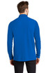 A long sleeve shirt in bright blue with a collar, featuring a subtle logo on the back.