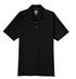A black polo shirt featuring a collar and four-button placket, with a logo on the inside.