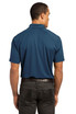A navy blue polo shirt in a plain design with a logo on the back, featuring short sleeves and a collar.