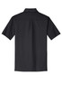 A black polo shirt with a collared neckline and short sleeves; features a logo on the sleeve.