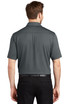A men's polo shirt in dark grey, featuring a back yoke design and short sleeves. It has a logo on the upper back.