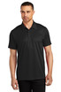 A man wearing a black polo shirt with a collar, featuring a logo on the chest.