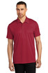 A red polo shirt with a collar and short sleeves, featuring a logo on the chest.