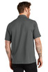 A grey polo shirt with a collar and short sleeves, featuring a logo on the back.