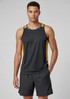 A men's singlet in black with yellow side panels, featuring a logo, styled with matching shorts.